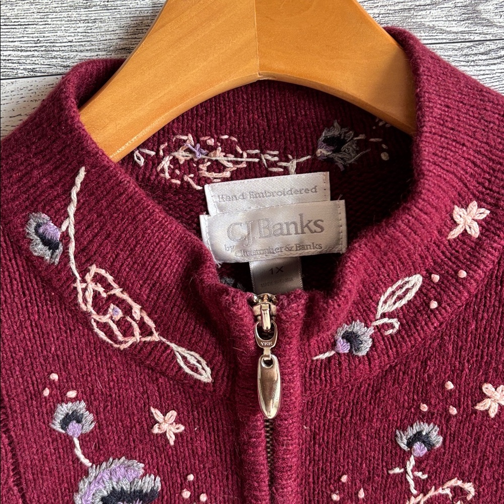 CJ Banks Womens 1X Ramie Angora‎ Cardigan Sweater burgundy Floral cottagecore - Picture 3 of 9